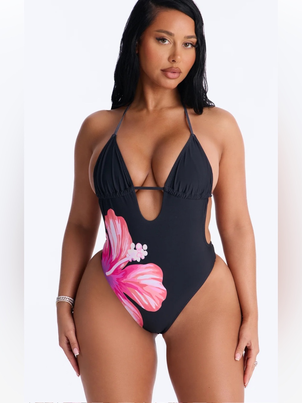 Fashion Nova Black One-Piece Swimsuit with Pink Floral Print